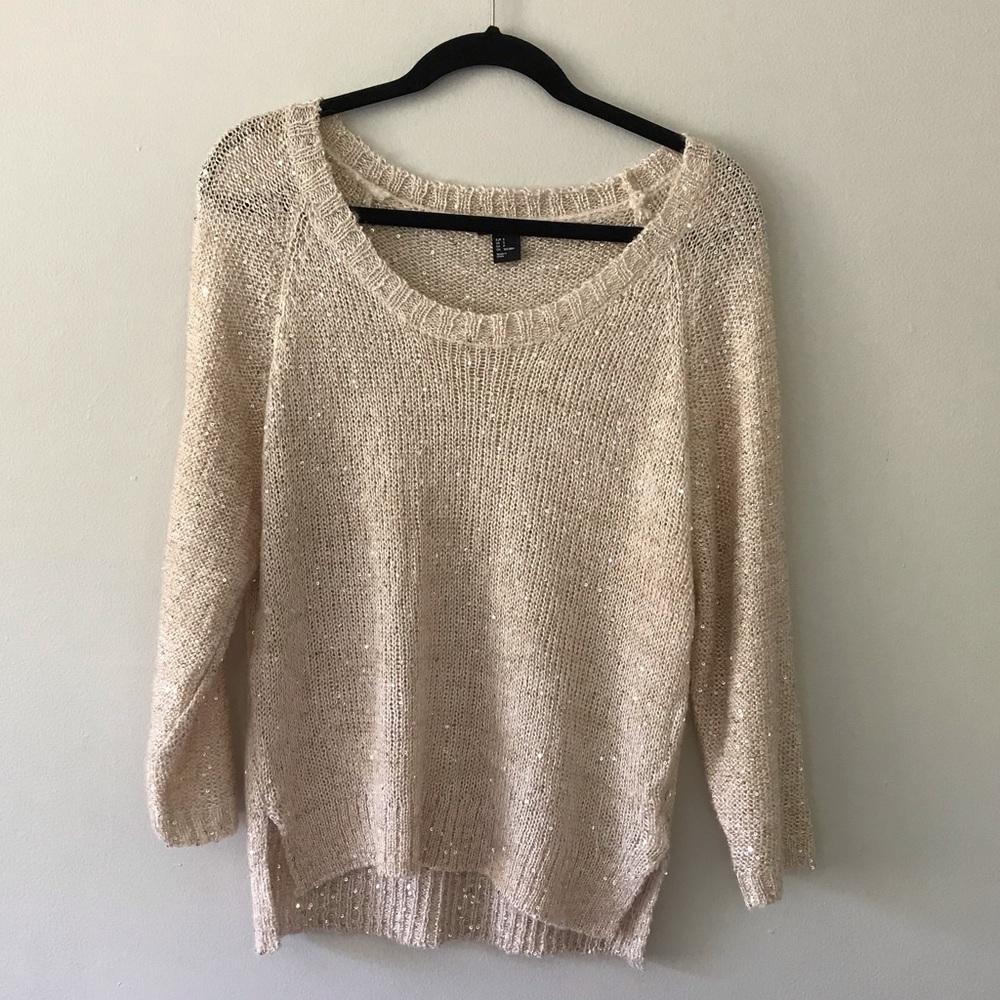 Cream Reflective Sequin Lightweight Sweater